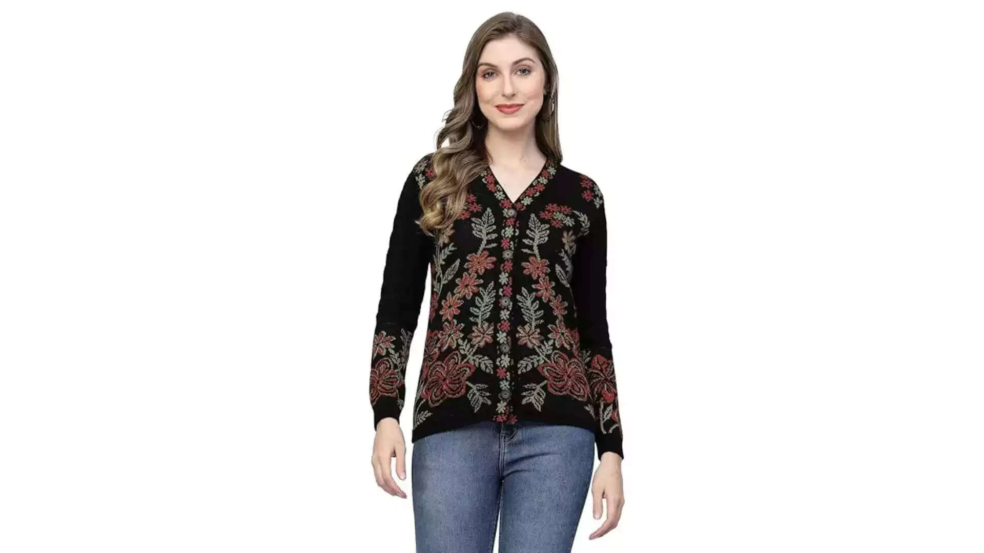 Kalt Women Sweater for Winter Woolen Acrylic Full Sleeves V-Neck Floral Design Cardigan