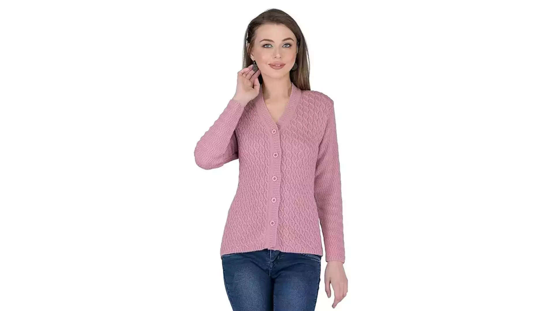 LADY WILLINGTON Women Woolen V-Neck Self Design Cardigan