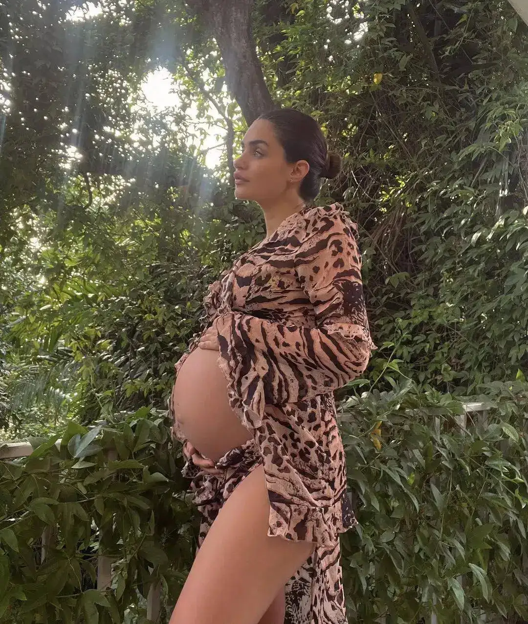 Gabrielle Demetriades went all out on maternity style, rocking an exquisite nude-toned leopard print co-ord set