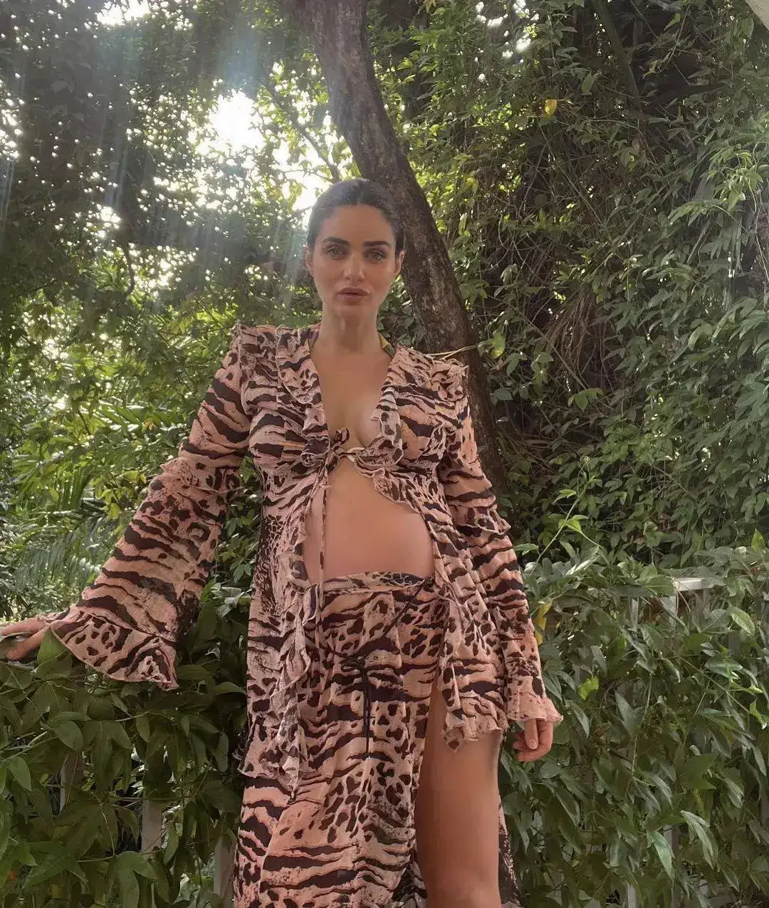 Gabriella Demetriades didn't hold back on maternity chic, sporting an eye-catching nude-shade leopard-print ensemble