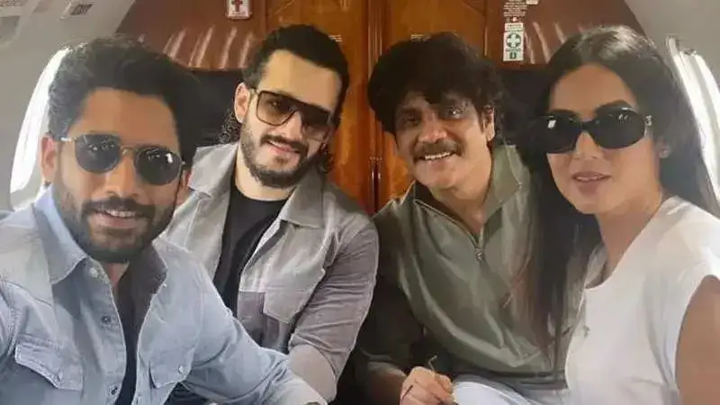 Nagarjuna looks dashing with Naga Chaitanya, Akhil Akkineni and Sonal Chauhan in latest click