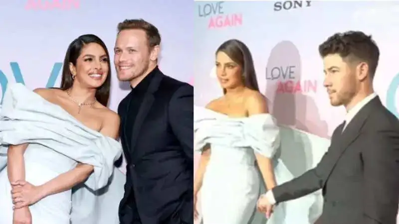 Priyanka Chopra gets a kiss from co-star Sam Heughan at ‘Love Again’ premiere, Nick Jonas joins her