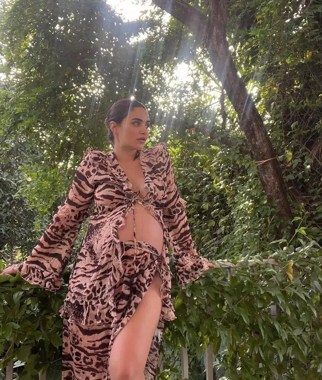 Maternity fashion reaches new heights as Gabriella Demetriades dazzles in a stunning leopard-print co-ord set in subtle nude shades