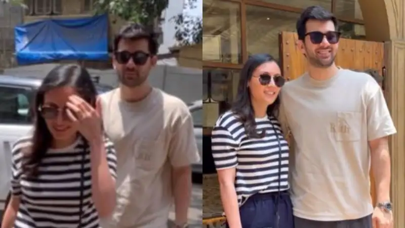 Karan Deol, with fiancée Disha Acharya, papped outside a restaurant in Mumbai