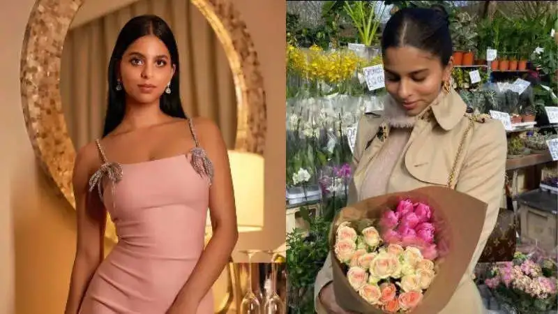 Suhana Khan blushes in a no makeup look as she poses with a flower bouquet on London vacation