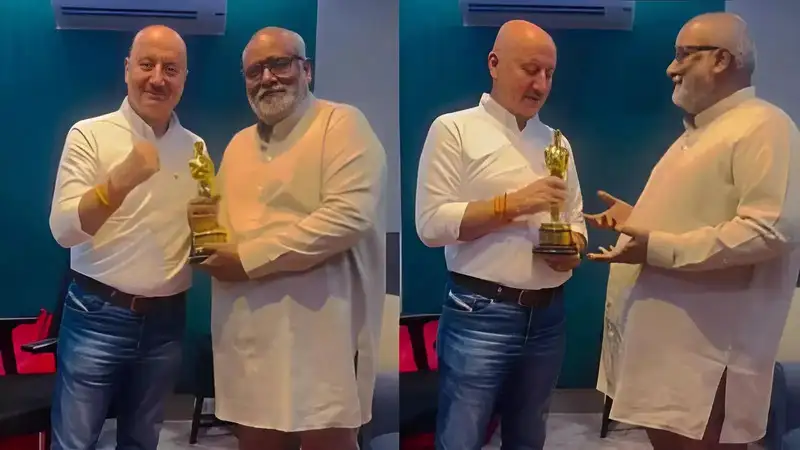 Anupam Kher holds the Oscar Award, tells Naatu Naatu composer MM Keeravaani, "I'll make you proud"