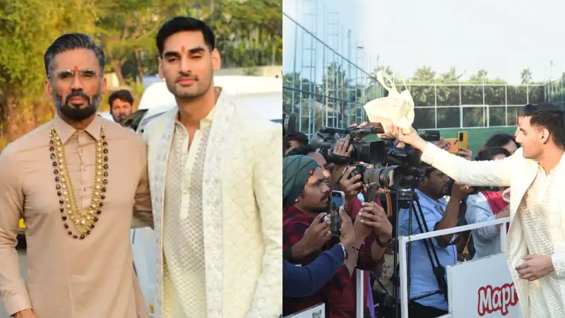 Suniel Shetty, Ahan Shetty greet media, distribute sweets as Athiya ties the knot with KL Rahul. See pics